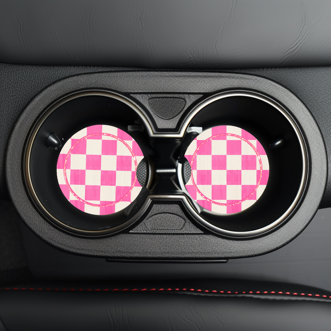 Pink Checker & Faux Glitter Car Coaster Sublimation Transfer (Set of 2)