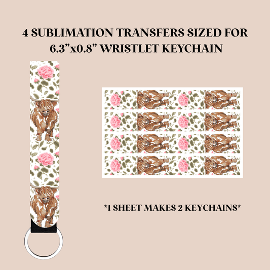 Floral Highland Cow Wristlet Keychain Sublimation Transfer