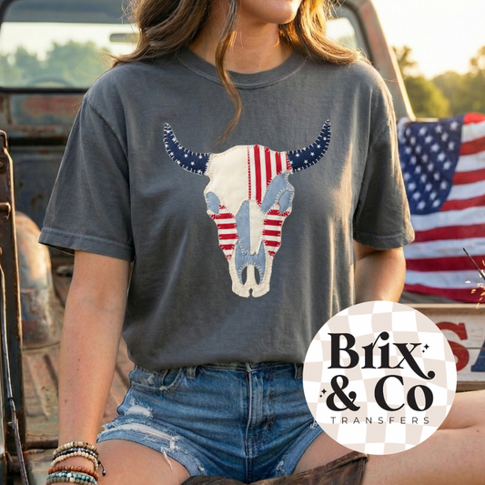 Patriotic Patchwork Longhorn DTF HOT PEEL