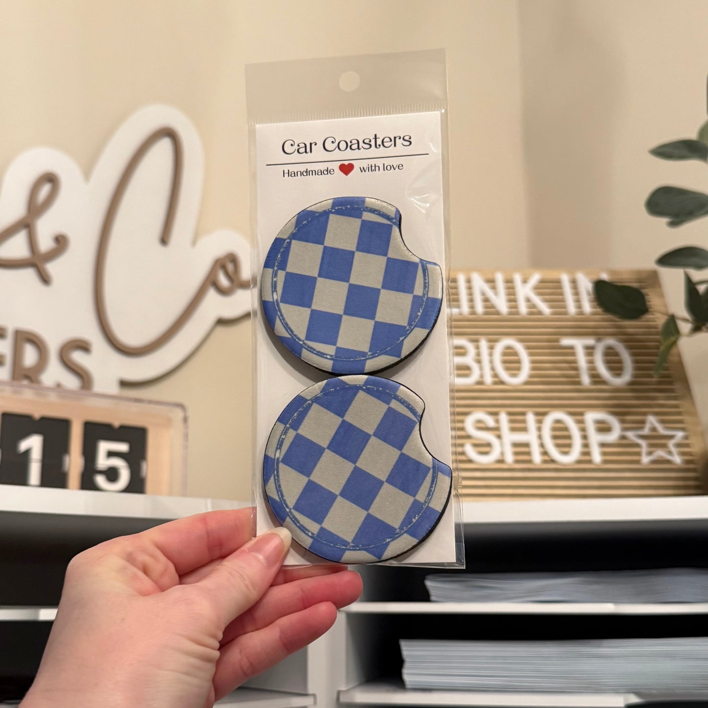 Blue Checkers Car Coasters