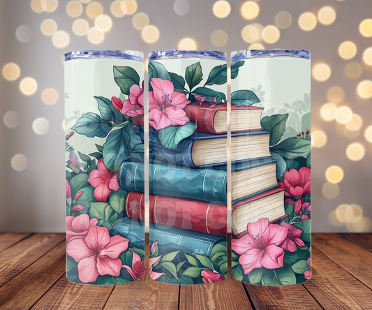 Floral Stack Of Books 20 oz Skinny Tumbler Sublimation Transfer - Not Seamless