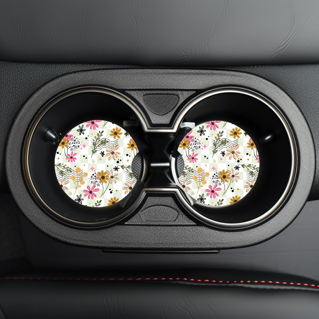 Green Plaid Floral Car Coaster Sublimation Transfer (Set of 2)