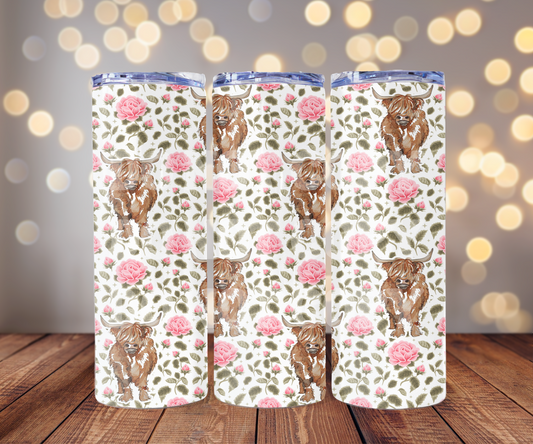 Pink Floral Highland Cow 20 oz Skinny Tumbler Sublimation Transfer - Seamless