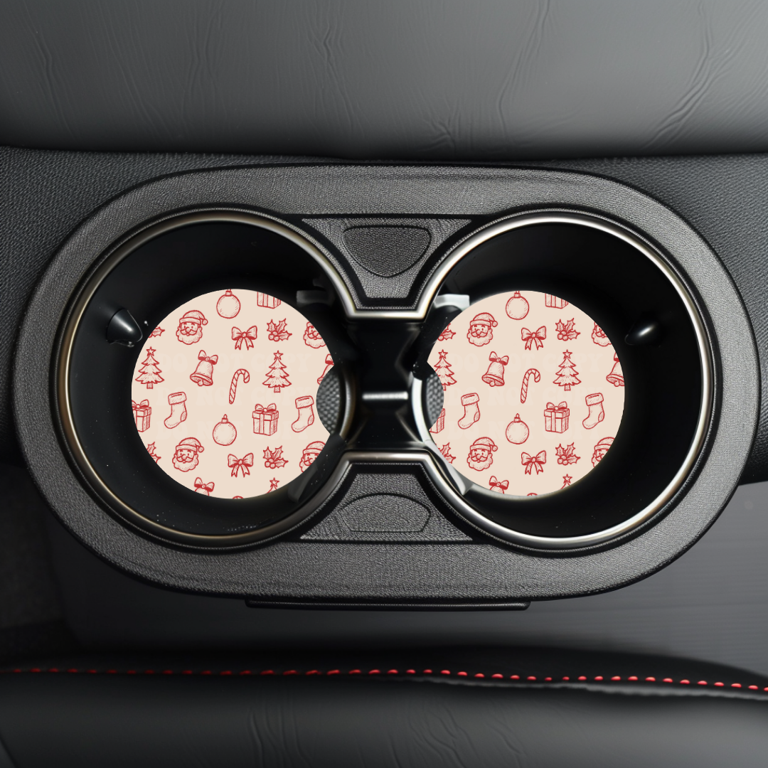 Red Christmas Doodles Car Coaster Sublimation Transfer (Set of 2)