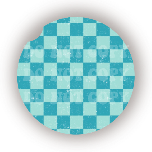 Distressed Blue Checkers Car Coaster Sublimation Transfer (Set of 2)