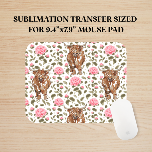 Floral Highland Cows Mouse Pad Sublimation Transfer
