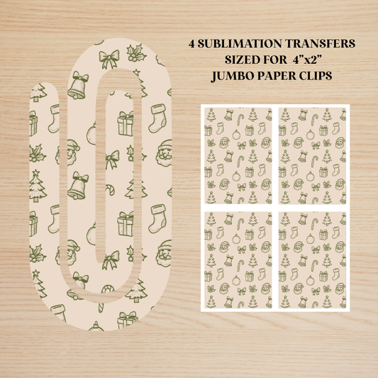 Green Christmas Doodles Jumbo Paperclip Sublimation Transfer