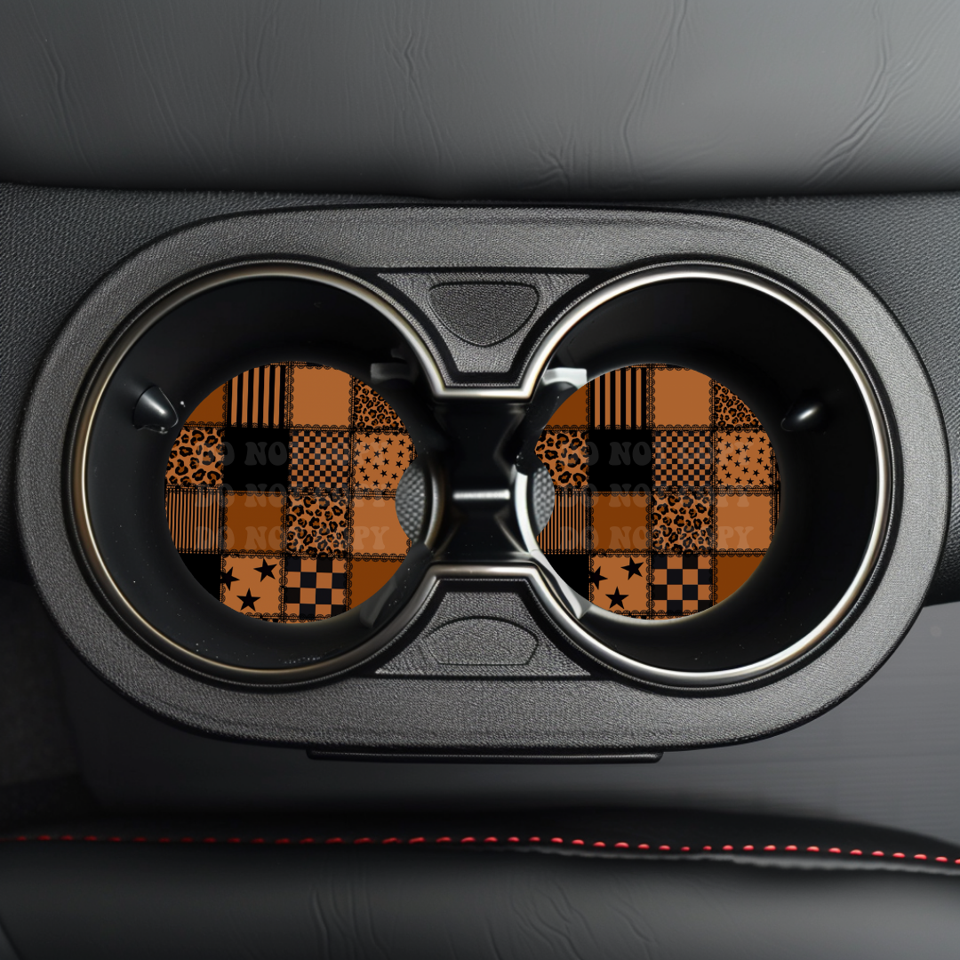Brown Edgy Patchwork Car Coaster Sublimation Transfer (Set of 2)