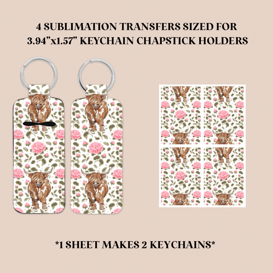 Floral Highland Cow Keychain Chapstick Holder Sublimation Transfer