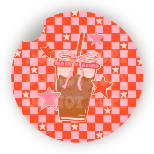 Checker Iced Coffee Car Coaster Sublimation Transfer (Set of 2)