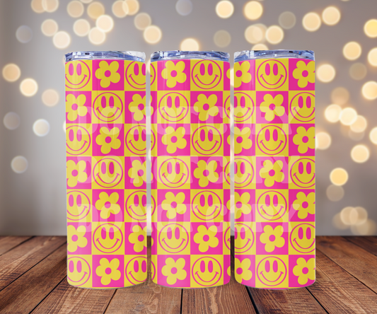 Checker Happy Faces 20 oz Skinny Tumbler Sublimation Transfer - Seamless
