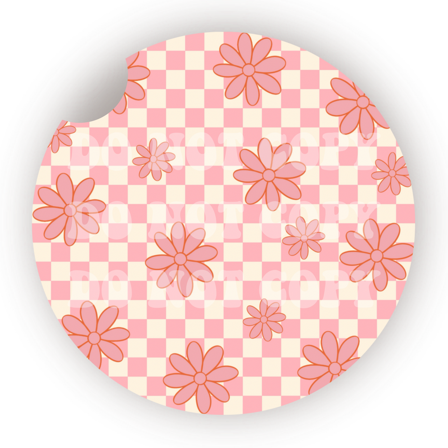 Pink Checker Flowers Car Coaster Sublimation Transfer (Set of 2)
