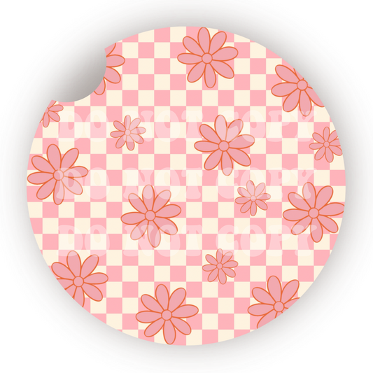 Pink Checker Flowers Car Coaster Sublimation Transfer (Set of 2)