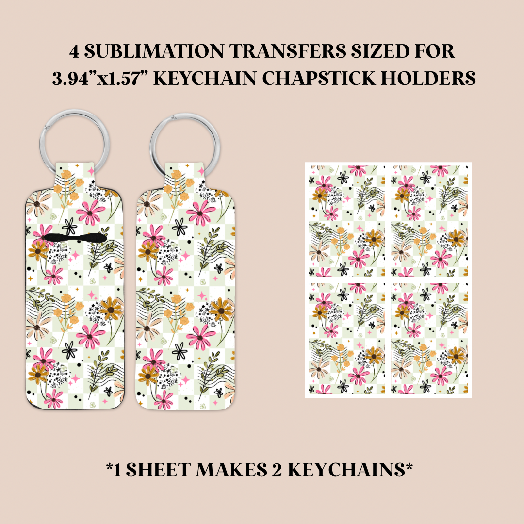 Green Plaid Floral Keychain Chapstick Holder Sublimation Transfer