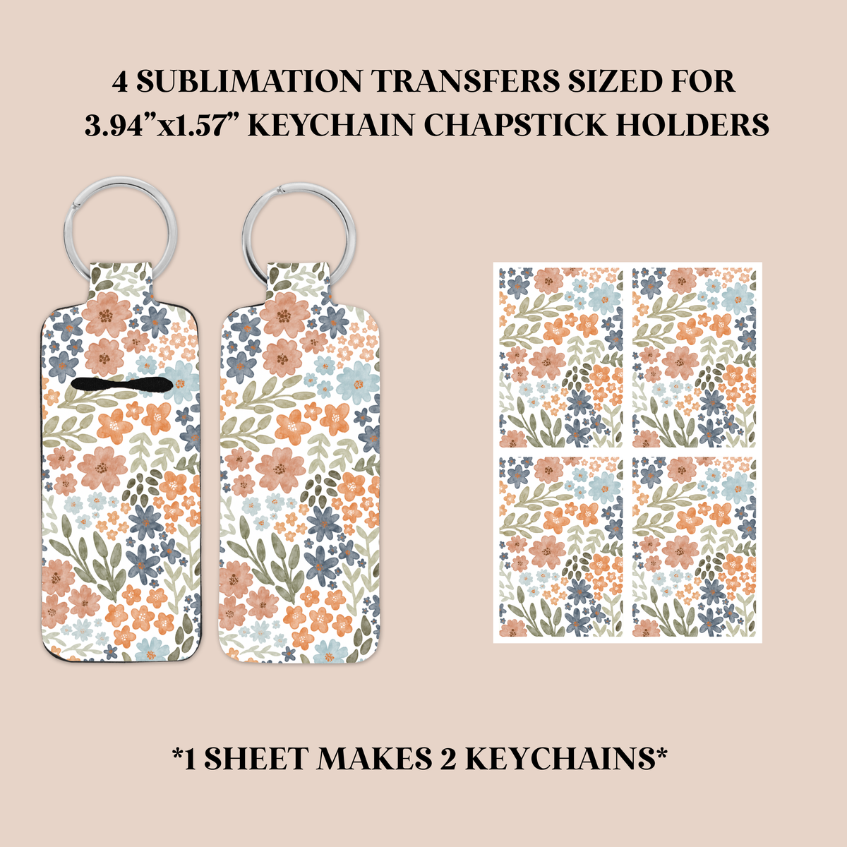 Watercolor Flowers Keychain Chapstick Holder Sublimation Transfer