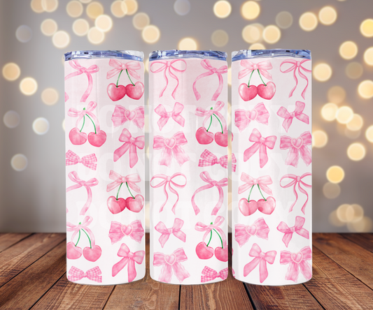 Cherry Bows Coquette 20 oz Skinny Tumbler Sublimation Transfer - Seamless