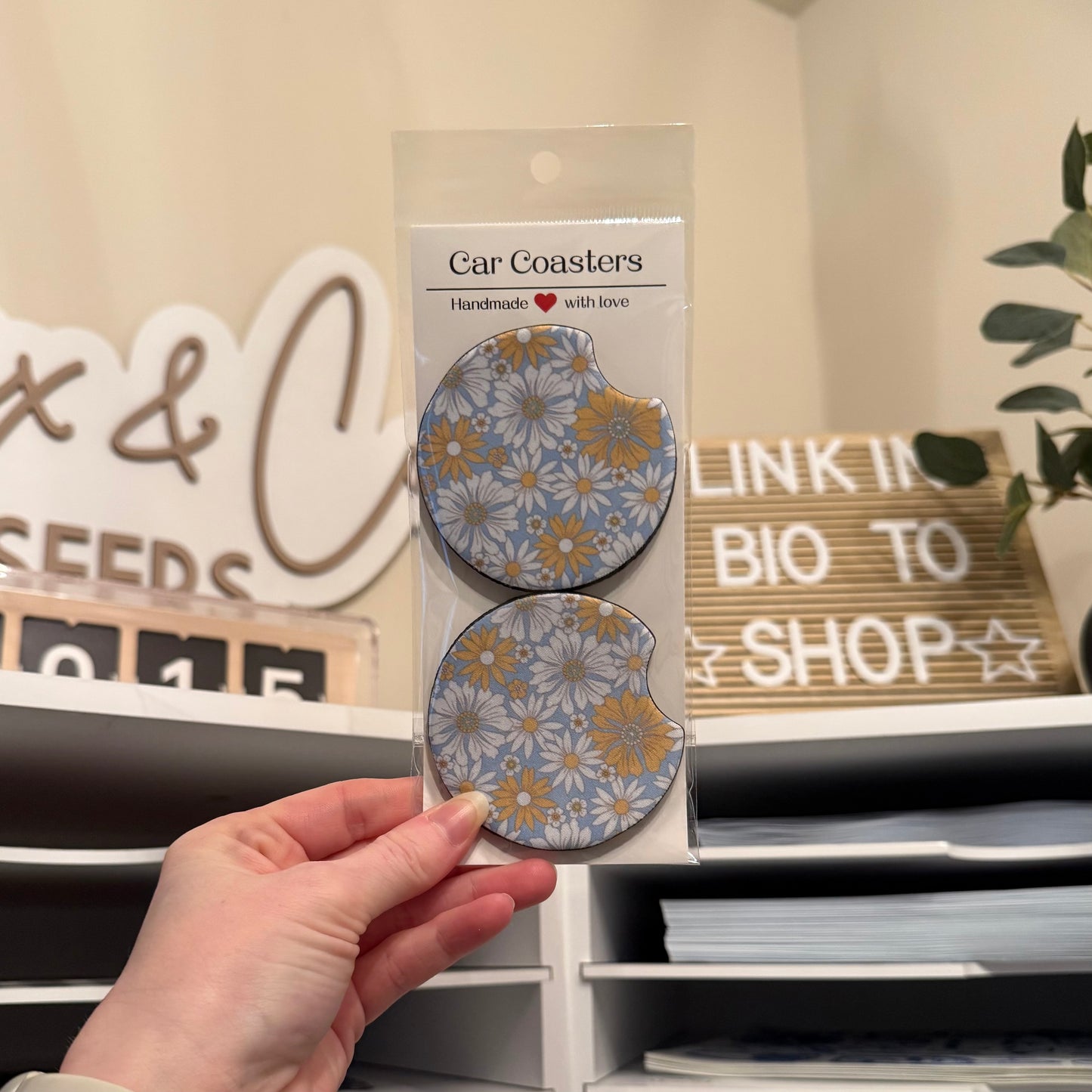 Yellow & White Flowers Car Coasters