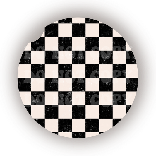 Distressed Black & White Checkers Car Coaster Sublimation Transfer (Set of 2)