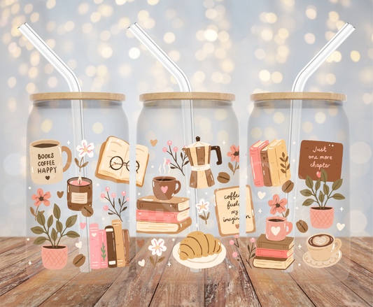 Books & Coffee 16oz Glass Can Wrap