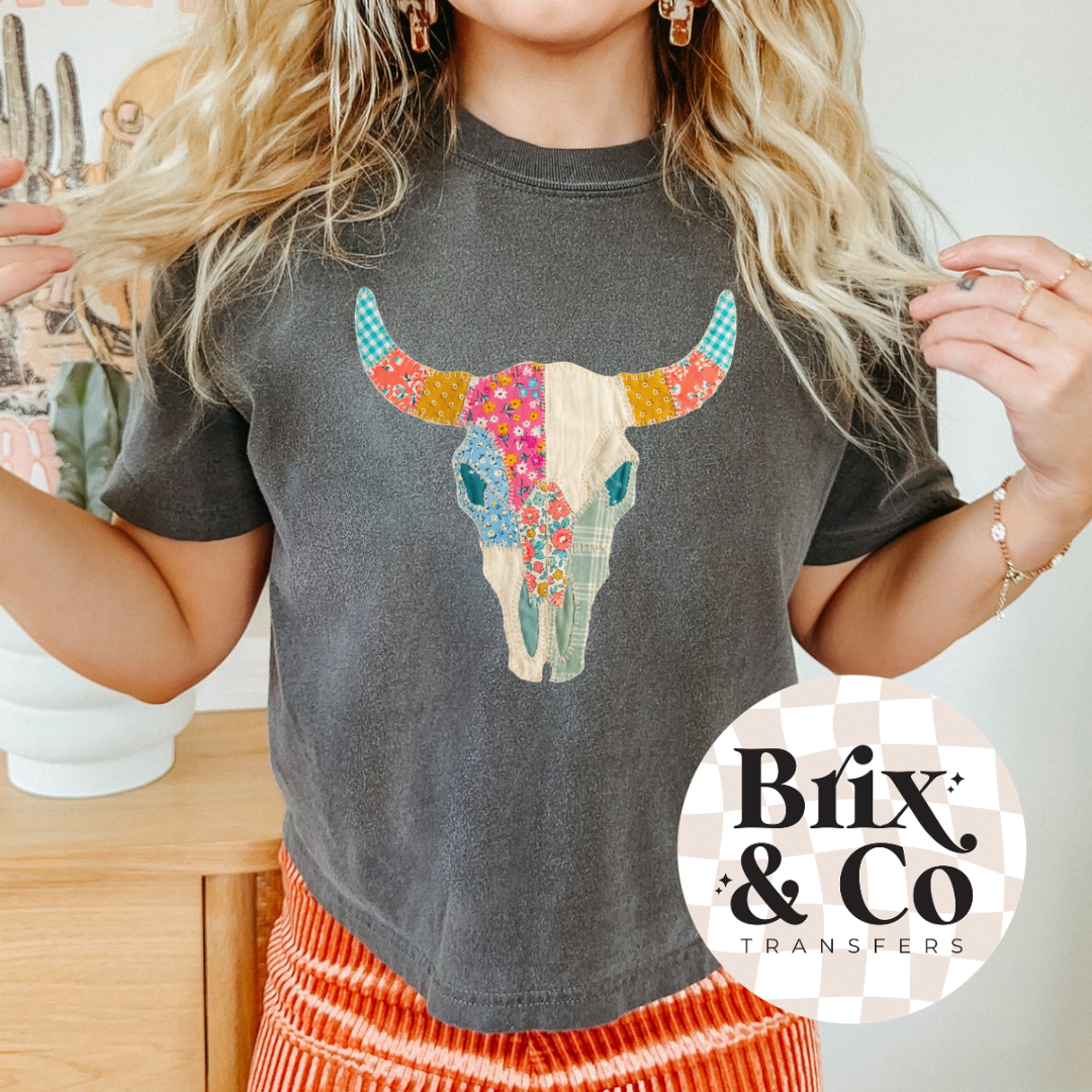 Patchwork Longhorn Skull DTF HOT PEEL