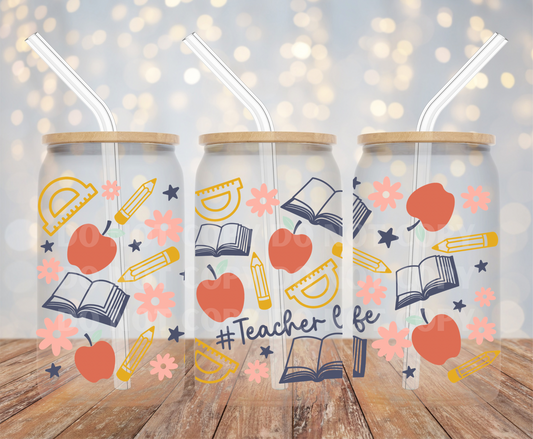 Teacher Life UVDTF 16oz Glass Can