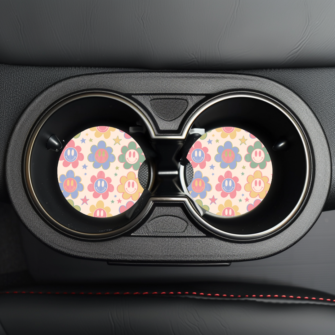Happy Flowers Car Coaster Sublimation Transfer (Set of 2)