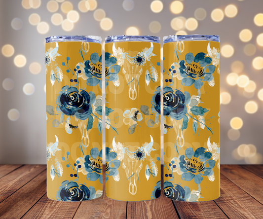 Blue Floral Longhorn 20 oz Skinny Tumbler Sublimation Transfer - Seamless