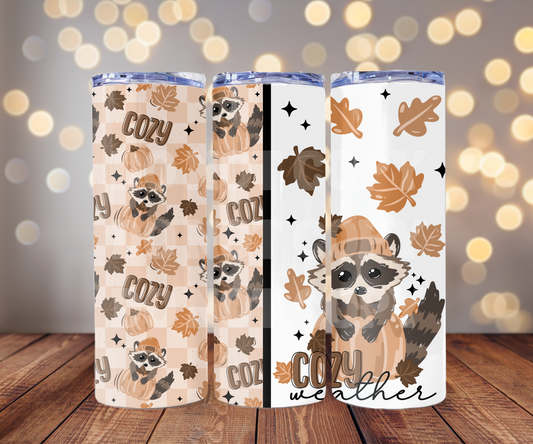 Cozy Weather Raccoon 20 oz Skinny Tumbler Sublimation Transfer - Not Seamless