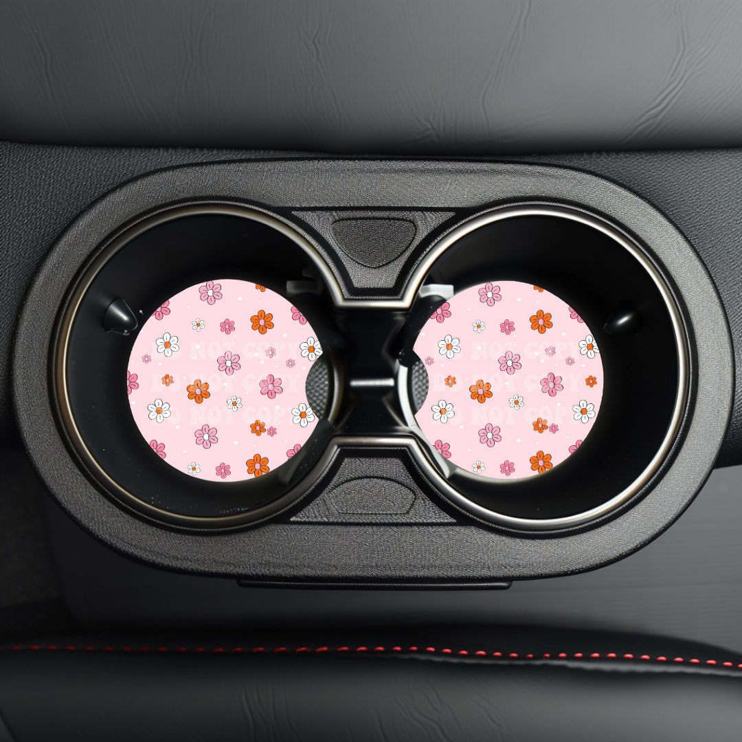 Pink, Orange, & White Flowers Car Coaster Sublimation Transfer (Set of 2)