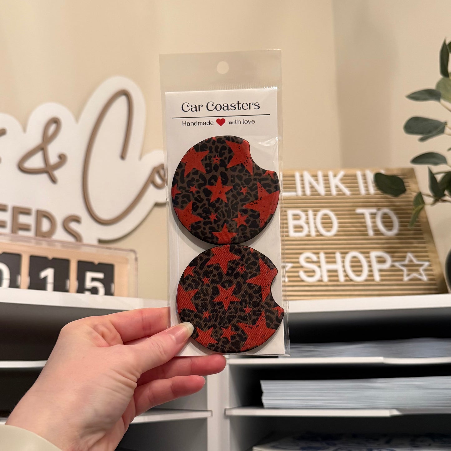 Red Stars & Leopard Car Coasters