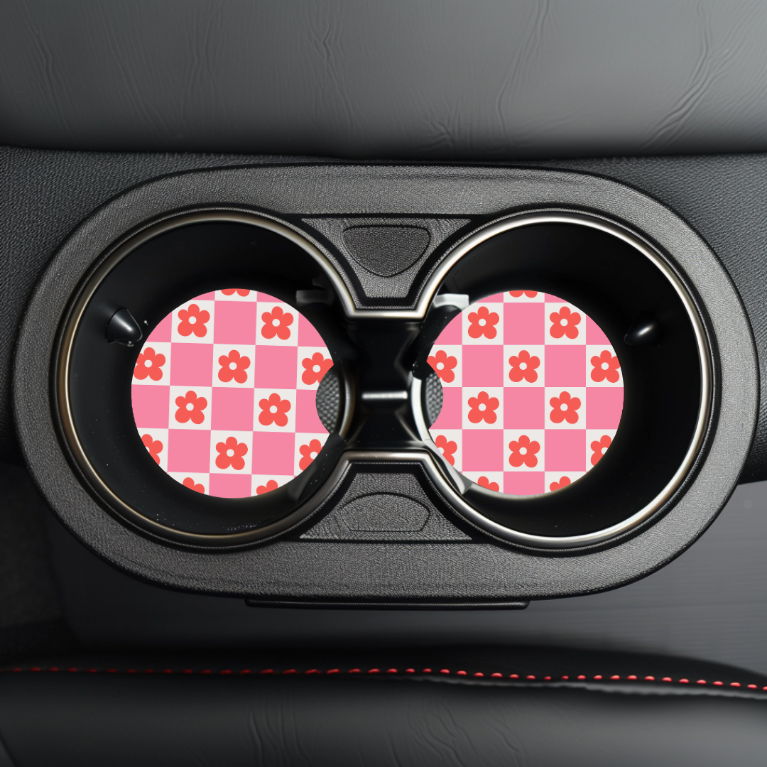 Checker Flowers Car Coaster Sublimation Transfer (Set of 2)