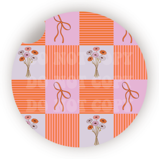 Checker Flowers & Bows Car Coaster Sublimation Transfer (Set of 2)
