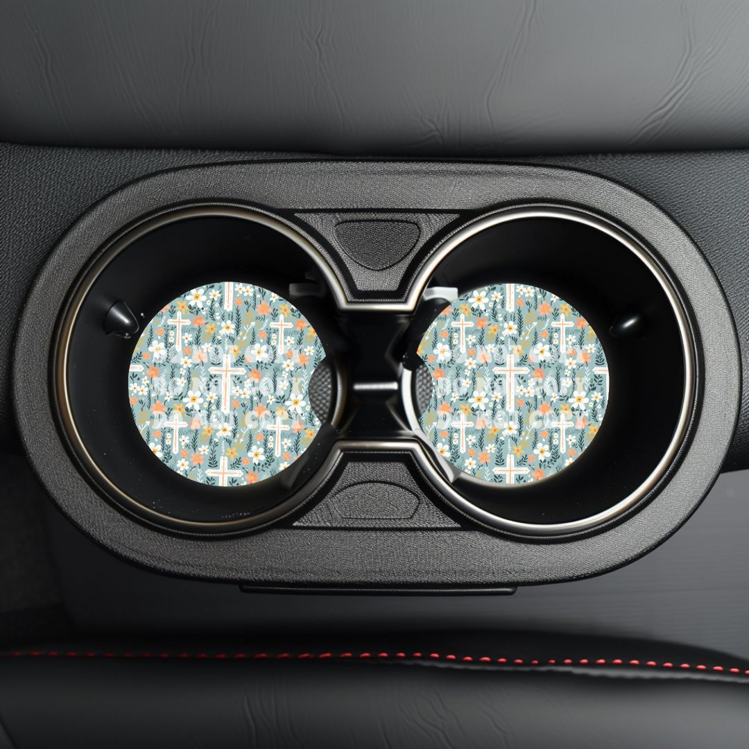 Floral Cross Car Coaster Sublimation Transfer (Set of 2)
