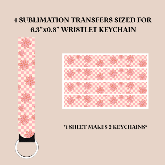 Pink Checker Flowers Wristlet Keychain Sublimation Transfer
