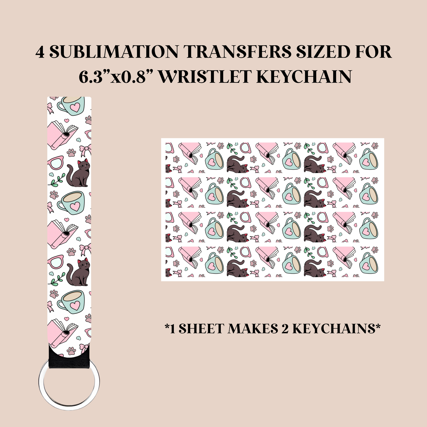 Coffee Cats & Books Wristlet Keychain Sublimation Transfer