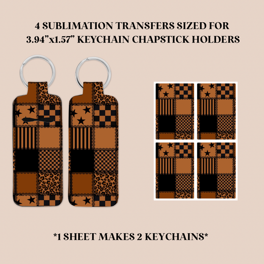 Brown Edgy Patchwork Keychain Chapstick Holder Sublimation Transfer