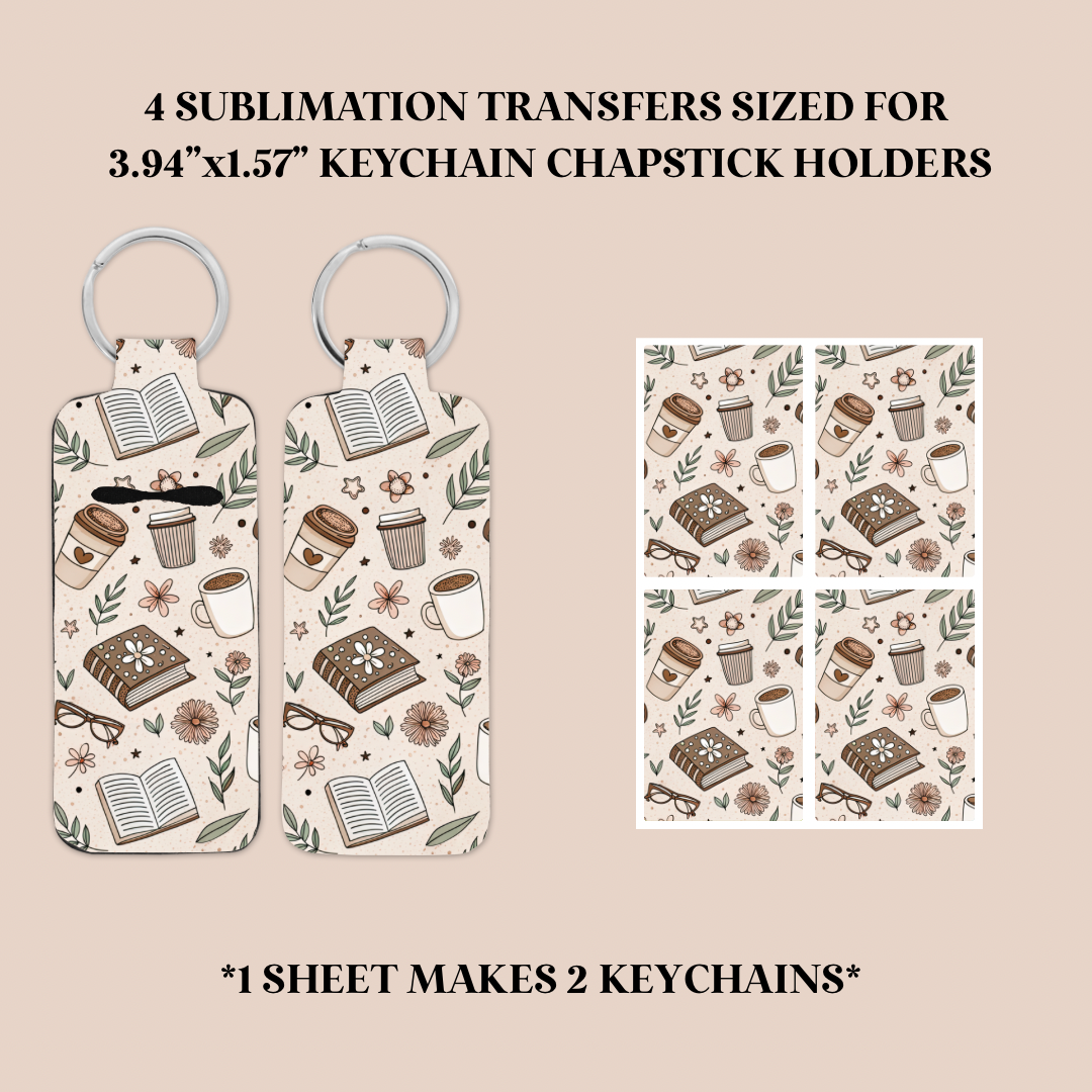 Coffee & Books Keychain Chapstick Holder Sublimation Transfer
