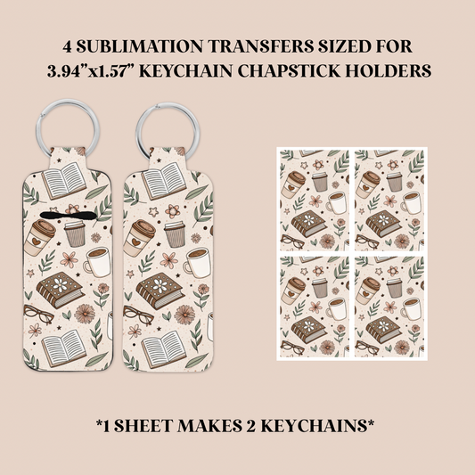 Coffee & Books Keychain Chapstick Holder Sublimation Transfer