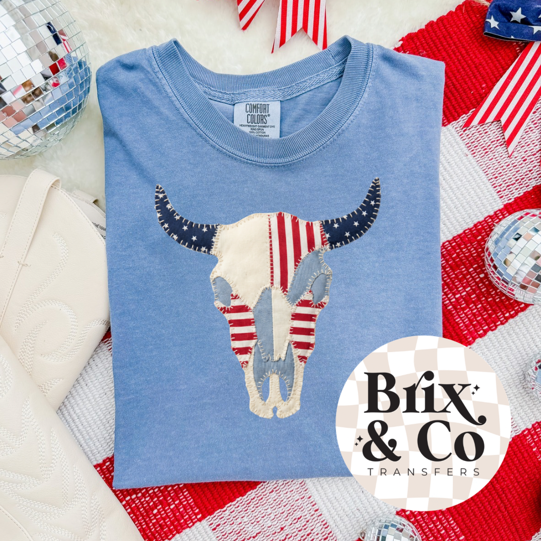 Patriotic Patchwork Longhorn DTF HOT PEEL