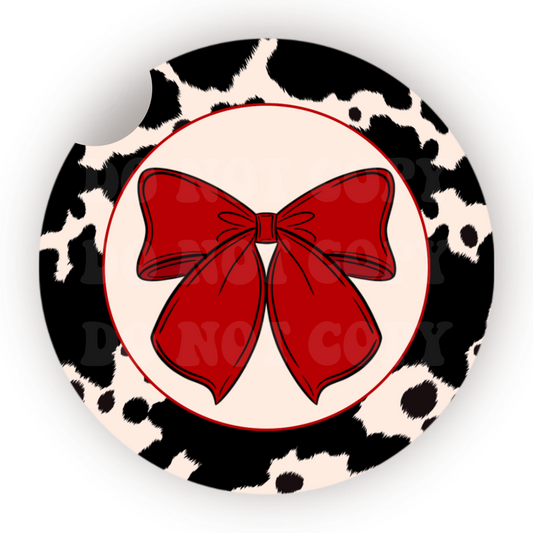 Cow Print Red Bow Car Coaster Sublimation Transfer (Set of 2)