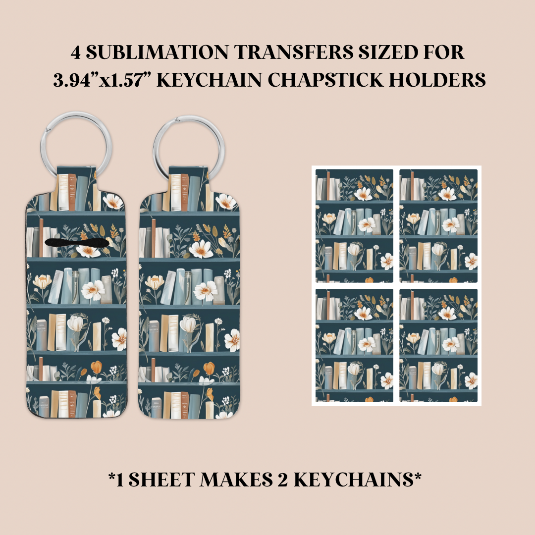 Blue Bookshelf Keychain Chapstick Holder Sublimation Transfer