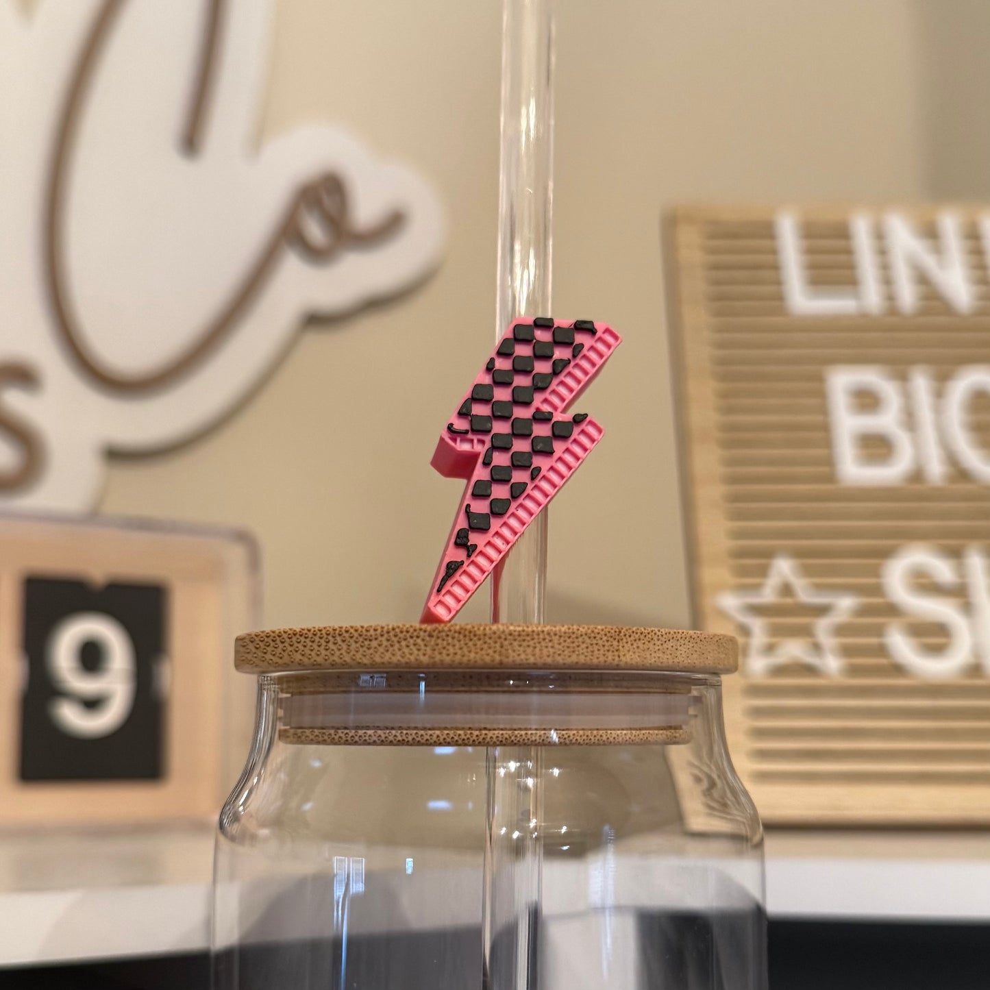 Pink Checker Lightning Bolt 3D Printed Straw Topper