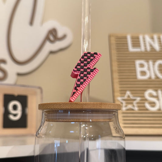 Pink Checker Lightning Bolt 3D Printed Straw Topper