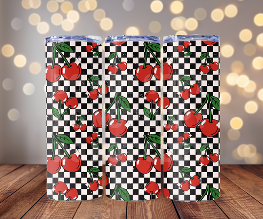 Black & White Checker Cherries 20 oz Skinny Tumbler Sublimation Transfer - Seamless
