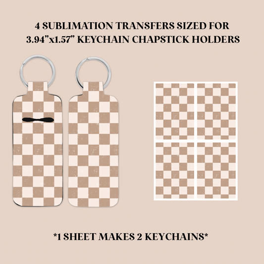 Tan & White Checkers Keychain Chapstick Holder Sublimation Transfer