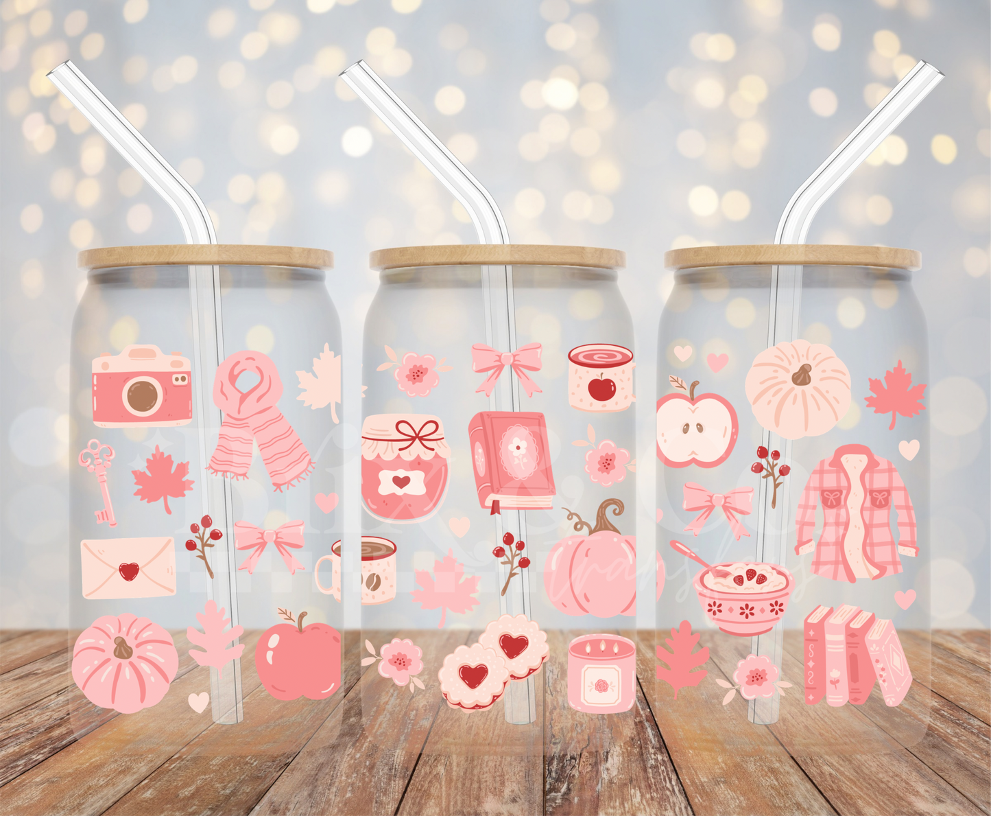 Pink Autumn Doodles 16oz Glass Can Wrap