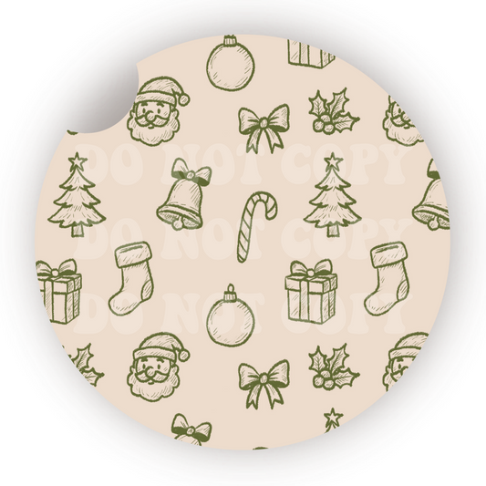 Green Christmas Doodles Car Coaster Sublimation Transfer (Set of 2)