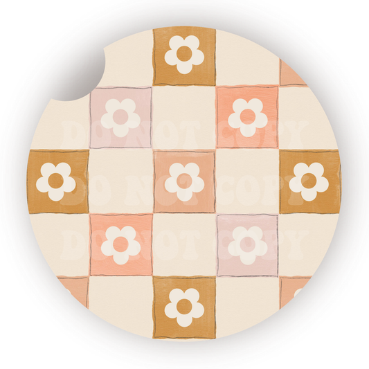 Neutral Floral Checker Car Coaster Sublimation Transfer (Set of 2)