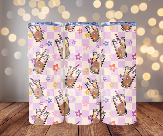 Checker Iced Coffee 20 oz Skinny Tumbler Sublimation Transfer - Seamless