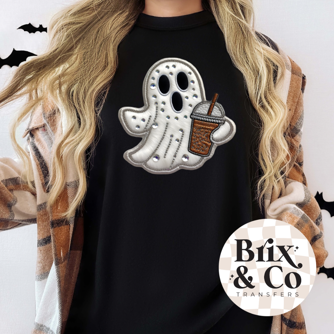 Faux Embroidery/Rhinestone Coffee Ghost Thin Matte Clear Film Screen Print Transfer